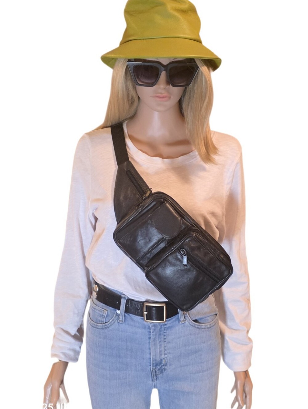 VTG 90s Multi-Pocket Black Genuine Leather Fanny Pack Waist Belt Bag Crossbody